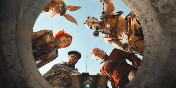 The cast and characters of the Borderlands Movie (starting top left and going clockwise) Ariana Greenblatt as Tiny Tina, Florian Munteanu as Krieg, Jamie Lee Curtis as Dr. Tannis, Jack Black voices Claptrap, Kevin Hart as Roland and Cate Blanchett as Lillith.